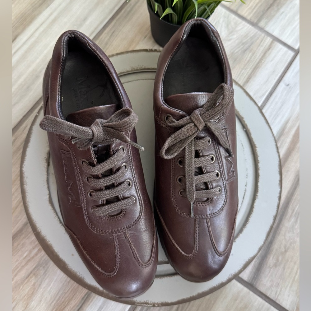 MaxMara Leather Lace‑Up Sneakers Brown Women's US 6 Brown Leather Casual